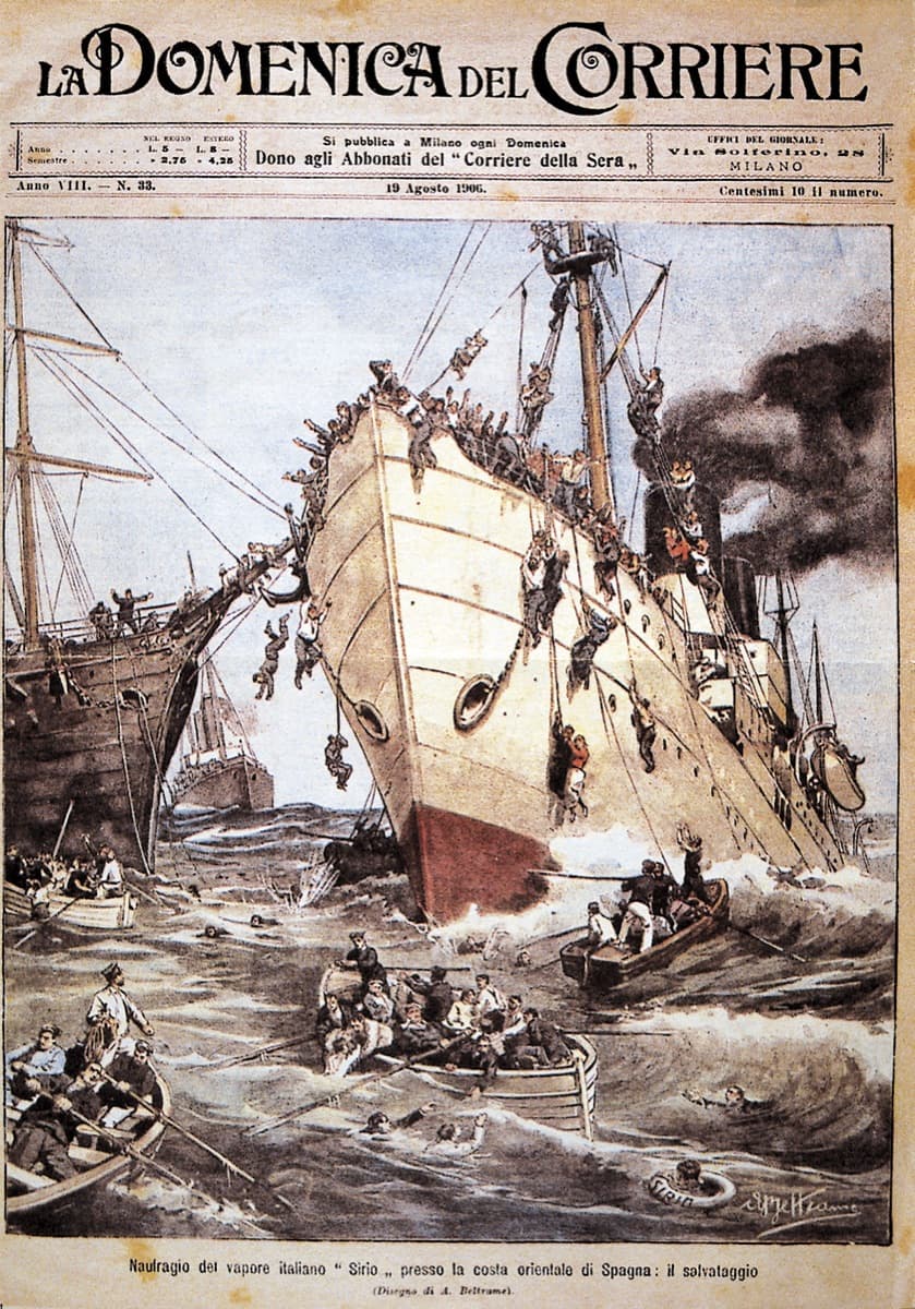 Portada de La Domenica del Corriere de agosto de 1906 con el naufragio del vapor Sirio