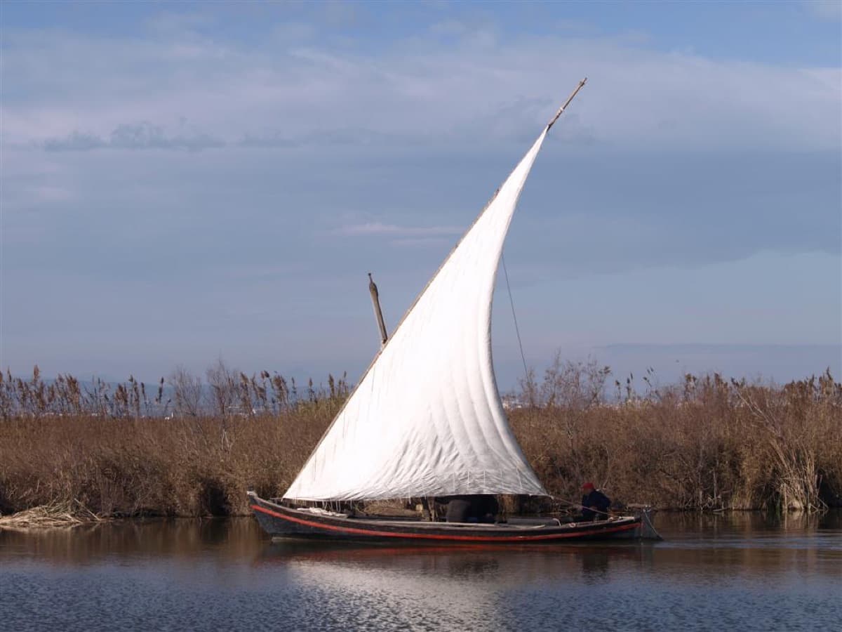 Barca de vela latina navegando con su gran vela triangular desplegada